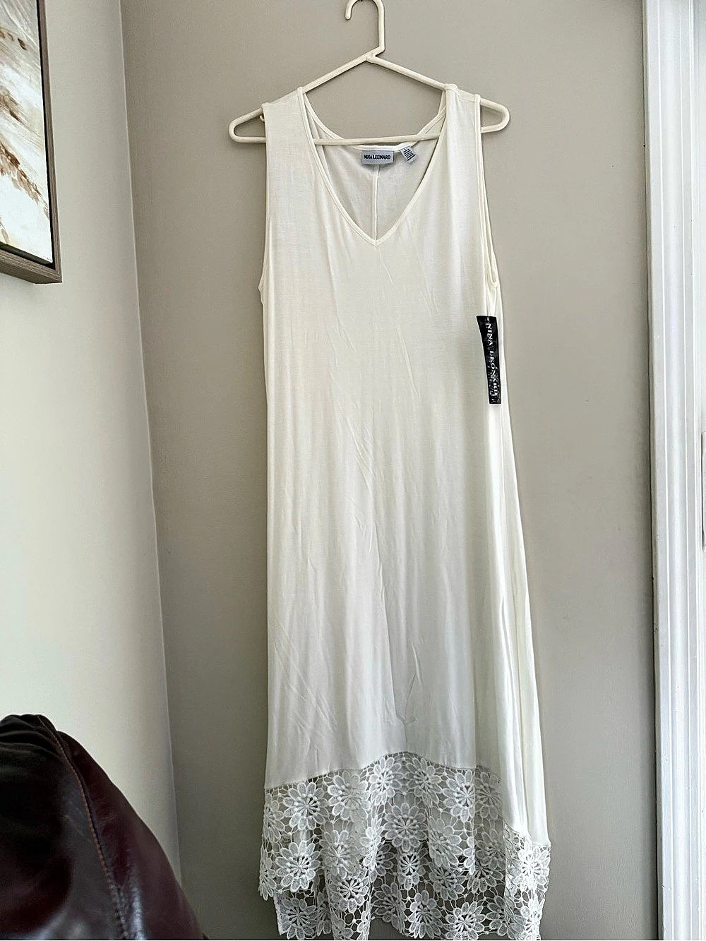 Nina Leonard V-Neck Sleeveless Lace Hem High/Low Dress Maxi Dress White